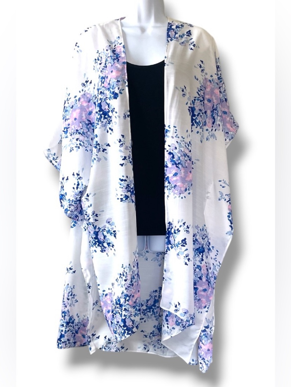 Kimono Cardigan Duster Boho Beach Cover Up White Blue Floral Print One Size - Picture 7 of 8